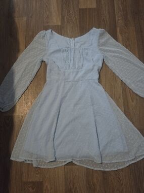 Light Blue Sheer Dot Long-Sleeve Formal Dress